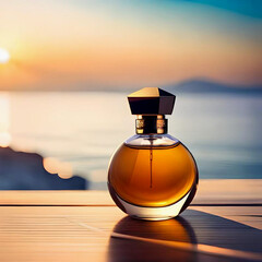 Une bouteille de parfum dorée posée sur une table en bois au bord de mer au coucher de soleil