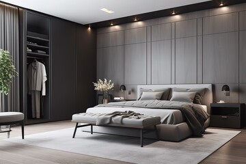 Fototapeta na wymiar 3d render Nordic style bedroom | Luxurious bedroom in a neoclassical style | Master bedroom interior in luxury apartment | Modern bedroom interior with concrete walls, Generative AI