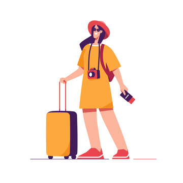 Vector illustration of woman tourist traveler with backpack and suitcase holding passport with tickets