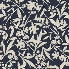 Floral pattern with flowers and leaves silhouettes. Vector seamless background