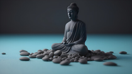 Statue of Buddha in meditation, blue and pebble theme digital render