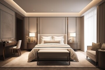 Fototapeta premium 3d render Nordic style bedroom | Luxurious bedroom in a neoclassical style | Master bedroom interior in luxury apartment | Modern bedroom interior with concrete walls, Generative AI