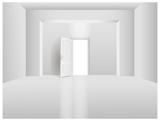 The interior of an empty room with a white wall and an open door.
 Free space for copying, 3d image.