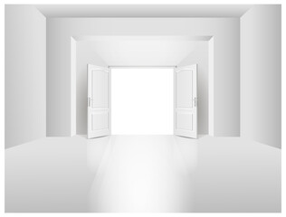 The interior of an empty room with a white wall and an open door.
 Free space for copying, 3d image.