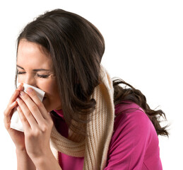 Brunette female sneezing