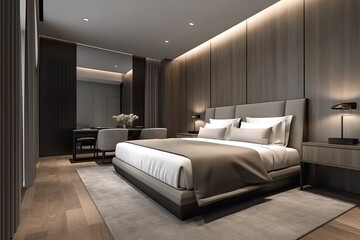 Fototapeta na wymiar 3d render Nordic style bedroom | Luxurious bedroom in a neoclassical style | Master bedroom interior in luxury apartment | Modern bedroom interior with concrete walls, Generative AI