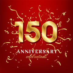 150 golden numbers and anniversary celebrating text with golden confetti spread on a red background