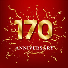 170 golden numbers and anniversary celebrating text with golden confetti spread on a red background