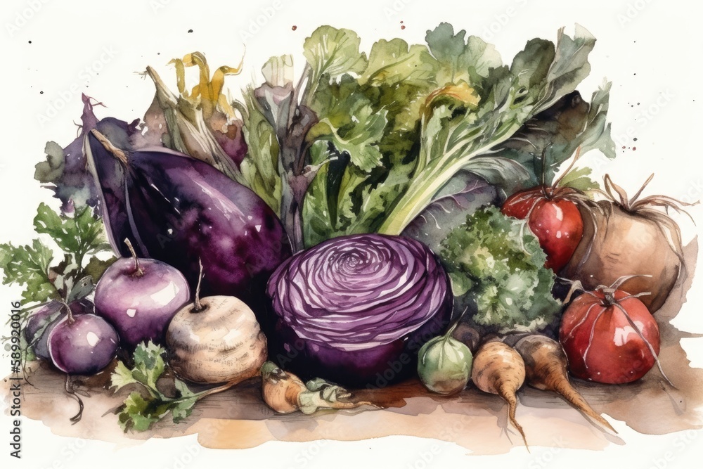 Poster still life painting featuring an array of colorful vegetables arranged on a table. Generative AI