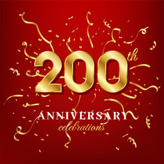 Fototapeta na wymiar 200 golden numbers and anniversary celebrating text with golden confetti spread on a red background