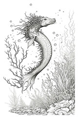 Creature under the sea in outline illustration. Sketch and concept of coloring book. Fit for adult coloring page, cover, tattoo. 