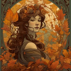 Beautiful girl in autumn, Art Nouveau, generative AI