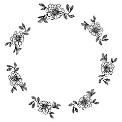 Cute hand drawn round frame with floral elements, herbs, leaves, flowers, twigs. Doodle vector mandala illustration for wedding design, logo and greeting card.