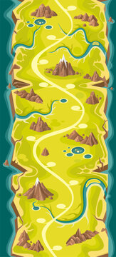  Level Map for Mobile Game. Vertical map for arcade, match 3 or any other app.
River and mountains top view landscape aerial map. Game path. Endless and seamless map    