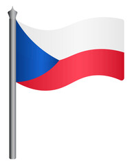 Flag of the Czech Republic. Vector illustration. The fabric canvas is decorated with two stripes and a triangle. The national symbol of the state develops in the wind. Gradient. Isolated background. 