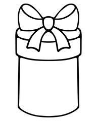 Gift in a tube box. Sketch. Surprise in a rounded package, decorated with a bow. Vector illustration. Isolated background. Coloring book for children. Doodle style. Nice present.
