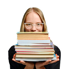 Close-up portrait of a joyful Caucasian female student in glasses with books in her hands on a transparent background. back to college concept