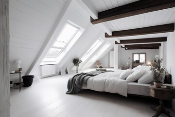 Fototapeta na wymiar Modern bedroom Interior | Loft and modern bedroom in white / 3D render image | Beautiful Furnished Bedroom in New Luxury Home | Bedroom interior. 3d render, Generative AI