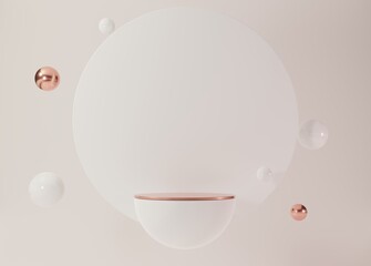 White empty podium or pedestal for product presentation. Round mockup platform on white background. Rose gold. 3d rendering