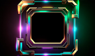 Square cyber frame with neon highlights background. Glowing techno lines and 3d digital circuit stripes in futuristic electro cyberpunk design