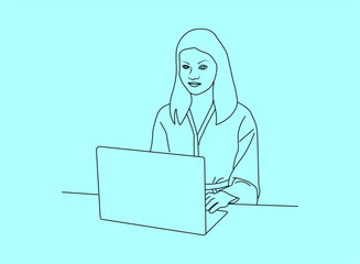Business girl working in laptop vector line arts