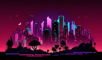 Night cyber neon metropolis background. Purple 3d city landscape with futuristic park and glowing skyscrapers on horizon. Fantastic cityscape of future