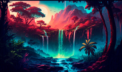 Fototapeta na wymiar Magic waterfall with river in neon gradient. Colorful purple 3d panorama with water flow and tropical plants in blue pink evening sky. Green thickets and stones on coastline