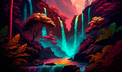 Valley of colorful neon waterfalls background. Magic purple panorama with 3d water flow and tropical plants in blue pink evening sky. Gradient thickets and stones on coastline