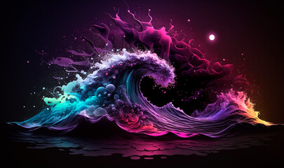 Futuristic neon big wave splash background. Night ocean landscape with fluid gradient 3d of purple colorful tsunami and fantastic of bright storm colors