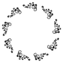 Cute hand drawn round frame with floral elements, herbs, leaves, flowers, twigs. Doodle vector mandala illustration for wedding design, logo and greeting card.