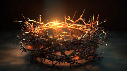 Close up of crown of thorns with shining light with dark background. AI generative and religion concept