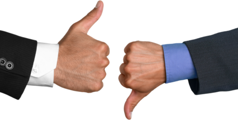Closeup of Two Businessmen Showing Thumbs Up and Thumbs Down