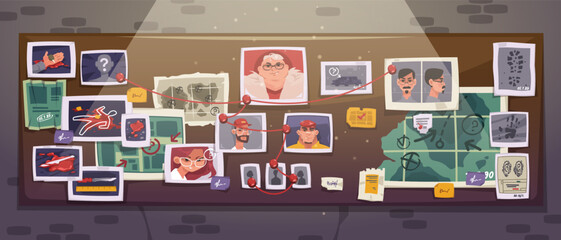 Cartoon detective board. Police cork pinboard with evidence victim photo accident information, crime investigation plan and equipment. Vector flat set