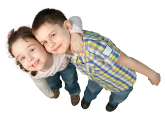 Portrait of cute little boy and girl together isolated on white background