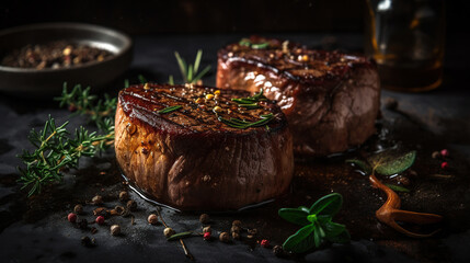 grilled beef fillet steaks with herbs and spices on dark background. Generative Ai - obrazy, fototapety, plakaty
