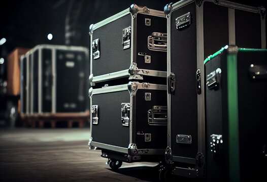 Empty flight cases used for storing professional concert equipment in backstage zone are kept safe with protective covers. Generative AI