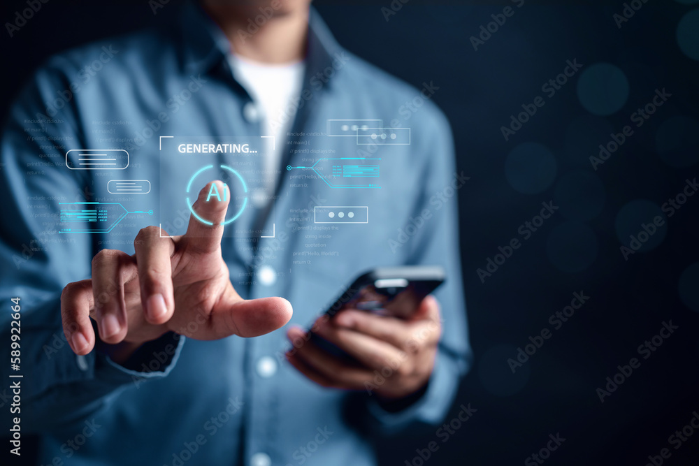 Poster Ai Technology System. Businessman using chat bot intelligence Ai. Chat with AI Artificial Intelligence, developed by OpenAI generate. Futuristic technology, robot in online system.