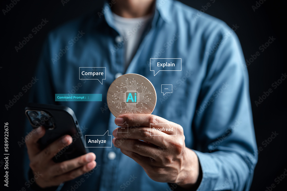 Poster Ai Technology System. Businessman using chat bot intelligence Ai. Chat with AI Artificial Intelligence, developed by OpenAI generate. Futuristic technology, robot in online system.