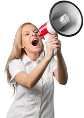 Woman yelling into a megaphone