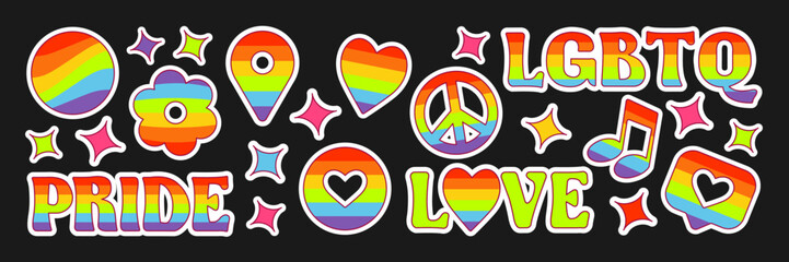Vector set of LGBTQ community shape with pride flags, retro rainbow colored elements. Pride month stickers. Gay parade groovy celebration. LGBT flat style icons and slogan collection.