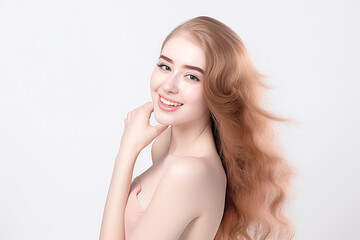 Obraz premium Portrait of Beautiful AMERICAN EUROPEAN Woman with her Smooth skin look at camera on White background in Studio light. generative AI.