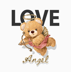 love slogan with cute bear doll love angel with gold arrow vector illustration