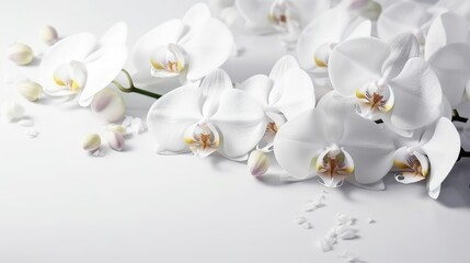 Naklejka na ściany i meble White orchid flowers on white floor. Generative AI