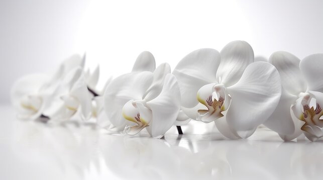 White orchid flowers on white floor. Generative AI