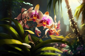 Fototapeta na wymiar Orchid Oasis: A Vibrant Display of Nature's Beauty in the Glowing Sunlight