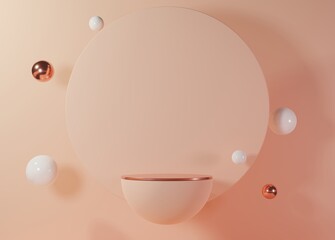 Peachy empty podium or pedestal for product presentation. Round mockup platform on peachy background. Rose gold. 3d rendering