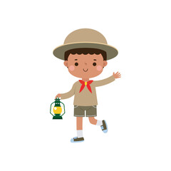 Cute little african american kid holding lamp, boy scout or girl scout honor uniform, kids summer camp, Happy children cartoon flat character isolated vector illustration on white background - obrazy, fototapety, plakaty