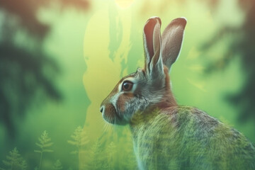 Rabbit or hare in nature double exposure. Generative AI illustration
