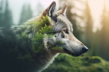 Wolf in nature double exposure. Generative AI illustration