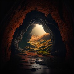 A Warm and Organic Cave Entrance with Cinematic Ambiance
